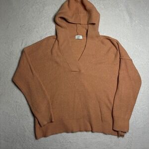 Aerie Womens M Waffle Knit Hoodie Sweater Peach Clay V-Neck Oversized Pullover